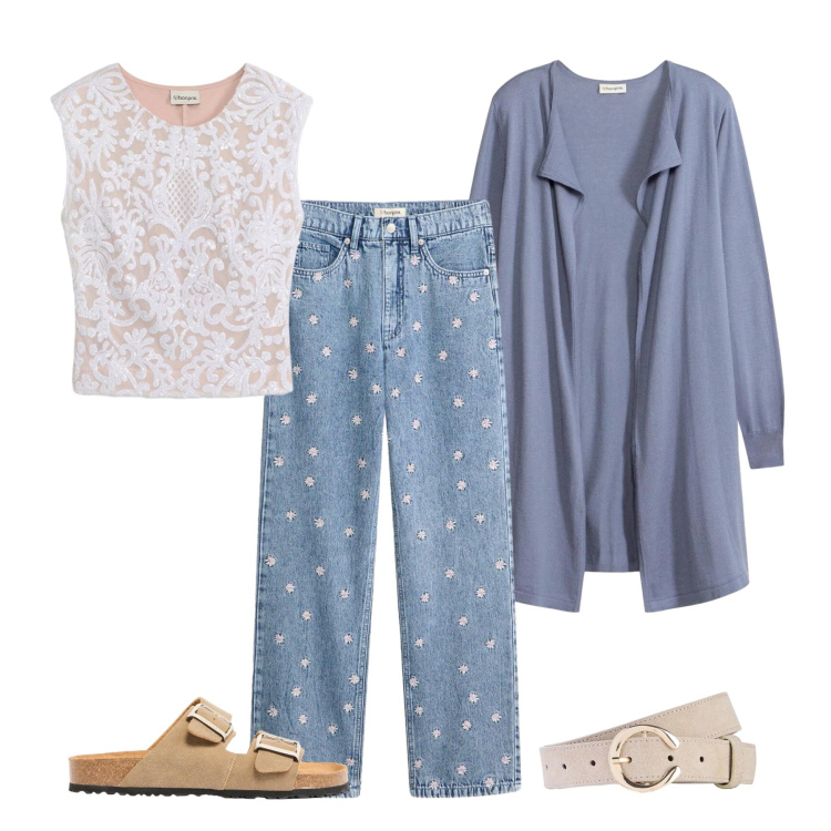 Outfit donna - Total look #2384815. Stile Casual chic per Tutti i giorni. Abbinamento con jeans dritti, canottiere, cinture, ciabatte, cardigans.