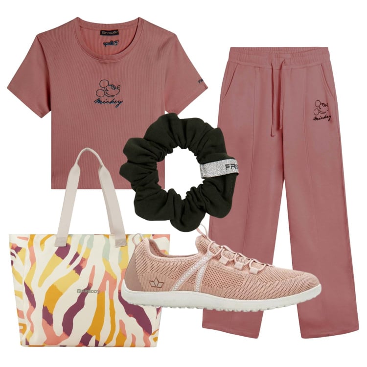 Outfit donna - Total look #2384817. Stile Sporty chic per Sport. Abbinamento con sneakers, pantaloni, t-shirt, shopping bag, accessori per capelli.