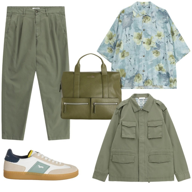Outfit uomo - #sempreverde. Stile Casual per Tutti i giorni. Abbinamento con cappotti, pantaloni, camicie a manica corta, borse sportive, sneakers.