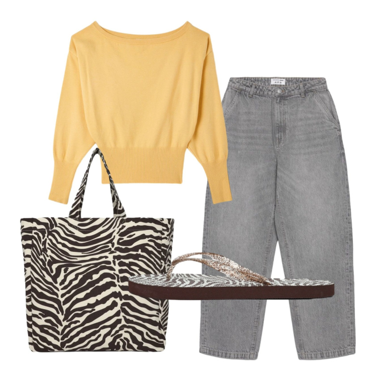 Outfit donna - Total look #2384822. Stile Casual per Tutti i giorni. Abbinamento con jeans dritti, shopping bag, pullovers, infradito.