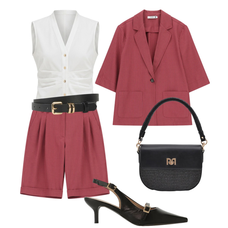 Outfit donna - Eleganza in bermuda. Stile Glamour per Tutti i giorni. Abbinamento con cinture, sandali col tacco, camicie a manica corta, borse a spalla, bermuda, blazer.