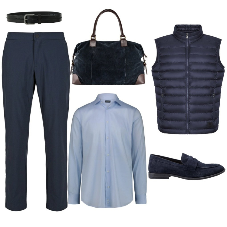 Outfit uomo - #blue.sky. Stile Casual per Ufficio. Abbinamento con cinture, pantaloni, piumini, borse sportive, camicie, scarpe stringate.