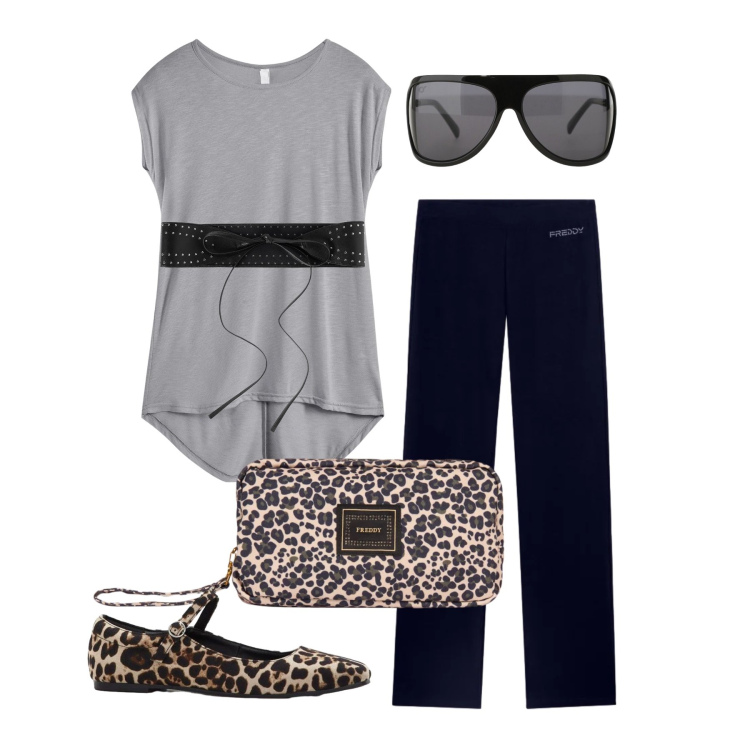 Outfit donna - Aprile. Stile Casual chic per Tutti i giorni. Abbinamento con maglieria, ballerine, cinture, occhiali da sole, pantaloni, valigie.