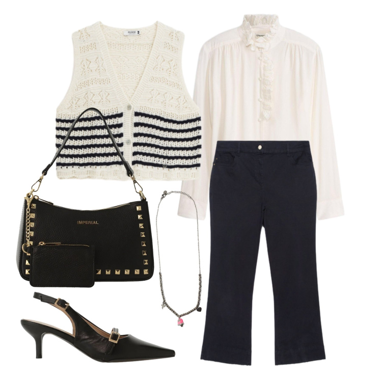 Outfit donna - Aprile. Stile Casual chic per Tutti i giorni. Abbinamento con camicie, pantaloni, maglieria, borse a spalla, sandali col tacco, ciondoli.