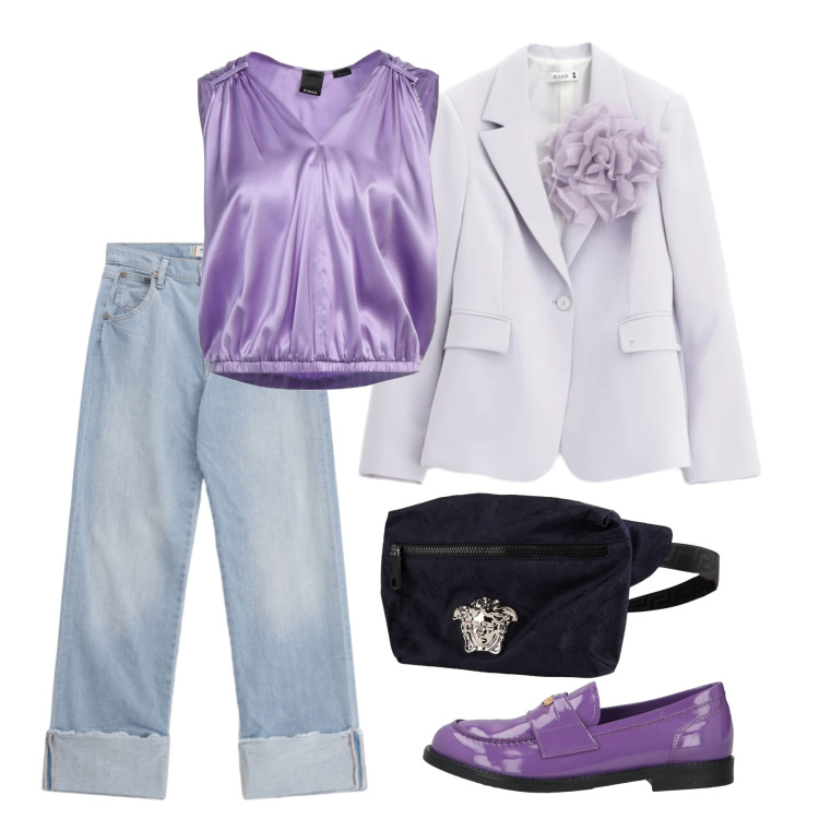 Outfit donna - Aprile. Stile Casual chic per Tutti i giorni. Abbinamento con top, marsupi, mocassini, blazer, jeans dritti.