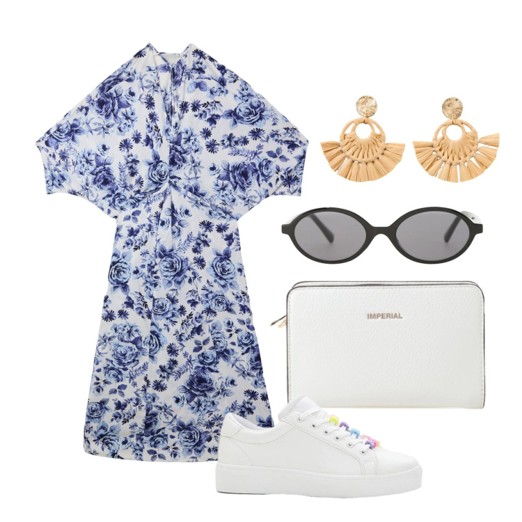 Outfit donna - Aprile. Stile Trendy per Tutti i giorni. Abbinamento con sneakers, orecchini, vestiti lunghi, occhiali da sole, borse a tracolla.