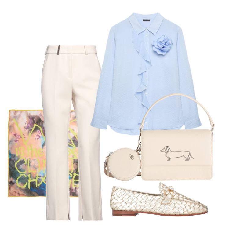 Outfit donna - Aprile. Stile Chic per Tutti i giorni. Abbinamento con pantaloni, sciarpe, mocassini, camicie, borse a tracolla.
