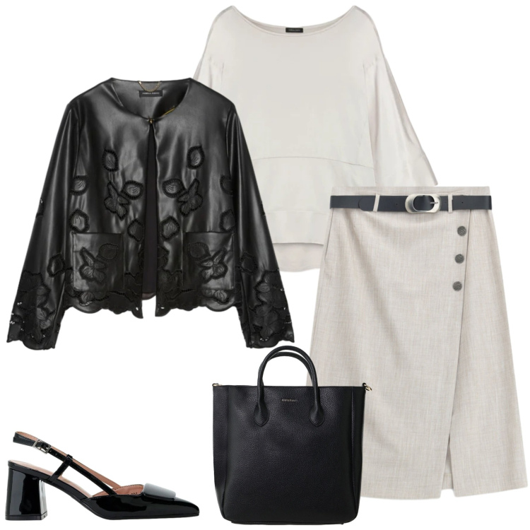 Outfit donna - Eleganza leggera. Stile Casual chic per Serata fuori. Abbinamento con gonne longuette, décolleté, borse a tracolla, blazer, bluse.