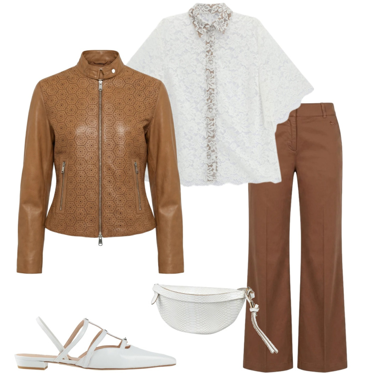 Outfit donna - Eleganza leggera. Stile Casual chic per Serata fuori. Abbinamento con ballerine, marsupi, camicie a manica corta, pantaloni, giacche.