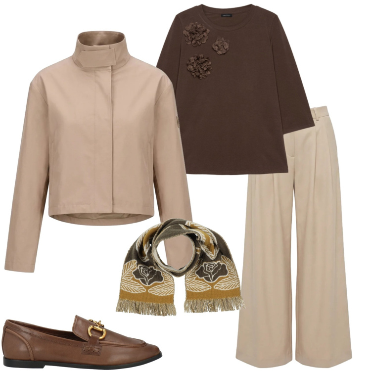 Outfit donna - Eleganza leggera. Stile Casual chic per Tutti i giorni. Abbinamento con sciarpe, mocassini, t-shirt, pantaloni, blazer.
