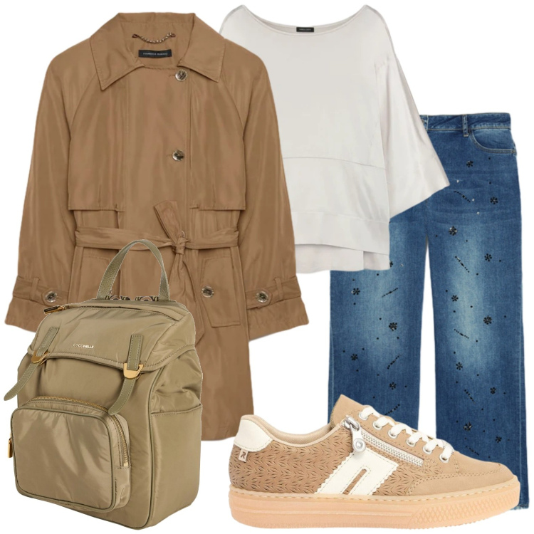 Outfit donna - Venerdì casual e poi si parte. Stile Casual chic per Tutti i giorni. Abbinamento con zaini, sneakers, jeans dritti, bluse, trench.