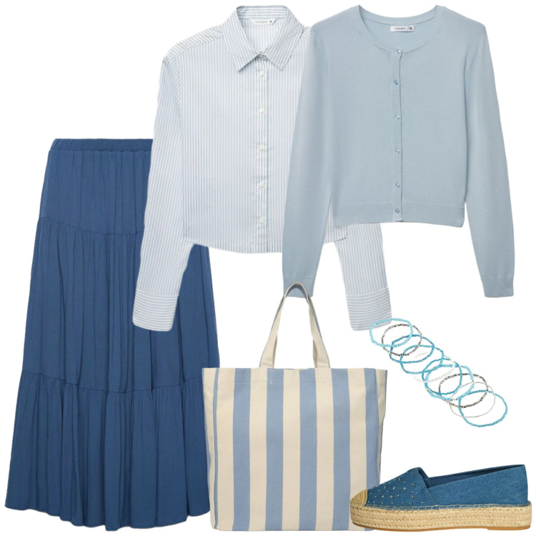 Outfit donna - Tutto in nuance. Stile Casual per Scuola/Università. Abbinamento con braccialetti, cardigans, camicie, gonne lunghe, shopping bag, espadrillas.