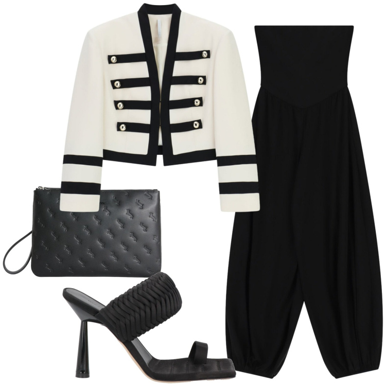 Outfit donna - Venerdì sera. Stile Military per Serata fuori. Abbinamento con ciabatte, anelli, tute, blazer.