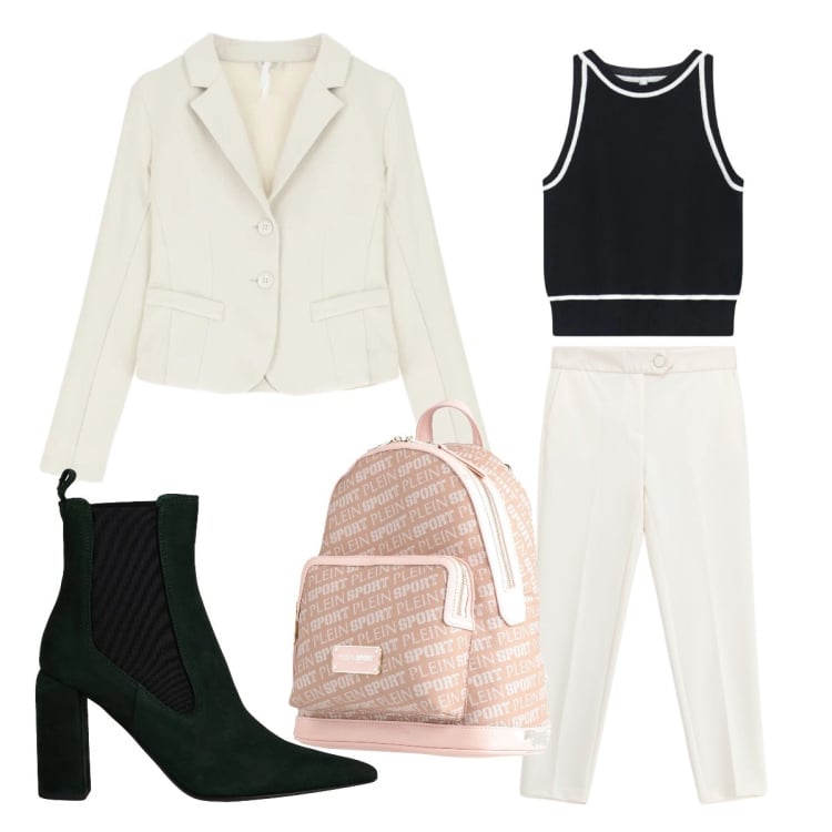 Outfit donna - Primavera elegante. Stile Mannish per Ufficio. Abbinamento con zaini, stivaletti, blazer, top, pantaloni.