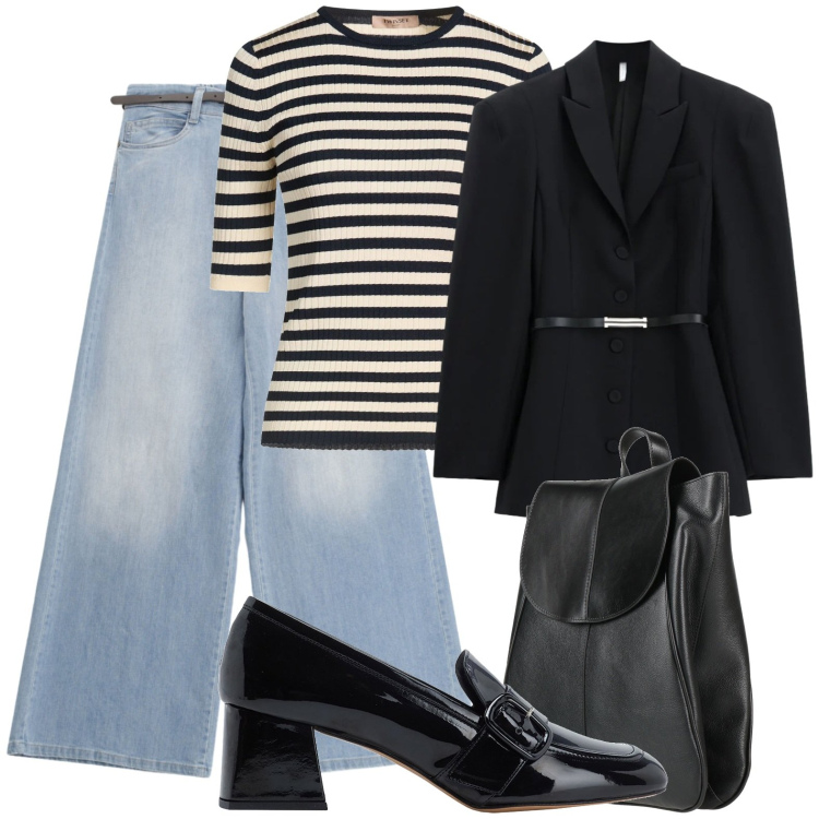 Outfit donna - Fine settimana con lui. Stile Casual chic per Tutti i giorni. Abbinamento con pullovers, zaini, mocassini, jeans, blazer.