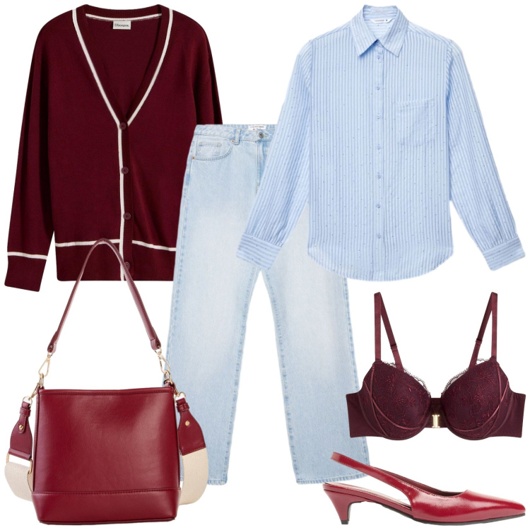 Outfit donna - Giornata lavorativa. Stile Casual per Ufficio. Abbinamento con reggiseni, décolleté, borse a tracolla, cardigans, camicie, jeans dritti.