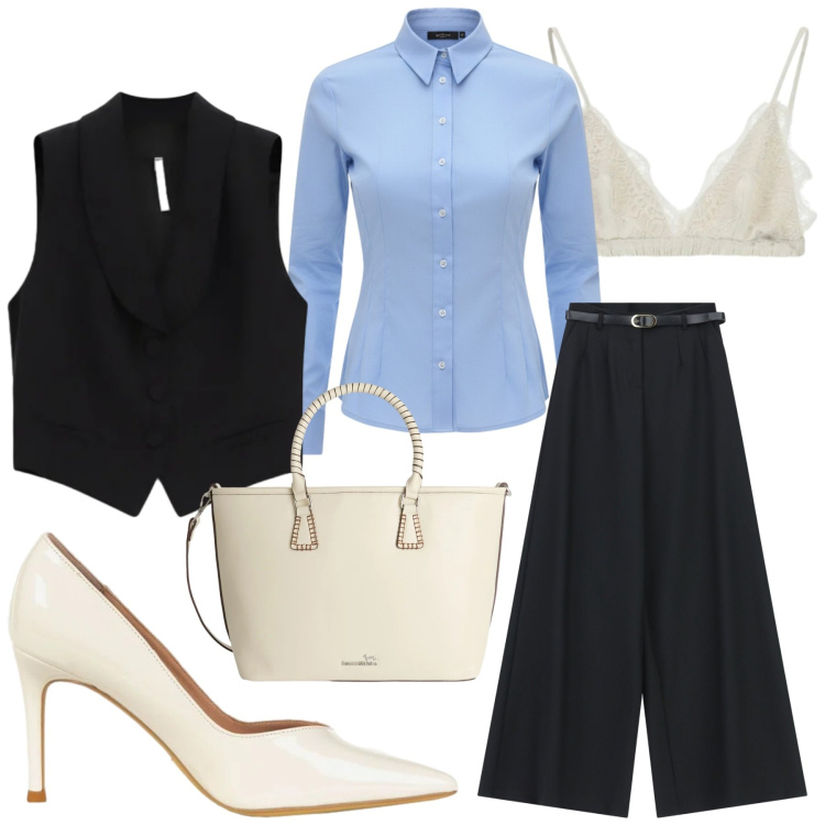 Outfit donna - Total look #2384913. Stile Mannish per Ufficio. Abbinamento con shopping bag, gilet, reggiseni, pantaloni a palazzo, décolleté, camicie.