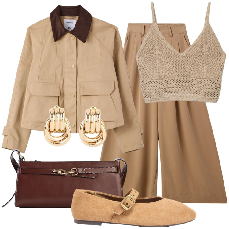Outfit donna - A passeggio per la città. Stile Casual chic per Tutti i giorni. Abbinamento con ballerine, orecchini, borse a tracolla, pantaloni, top, cappotti.