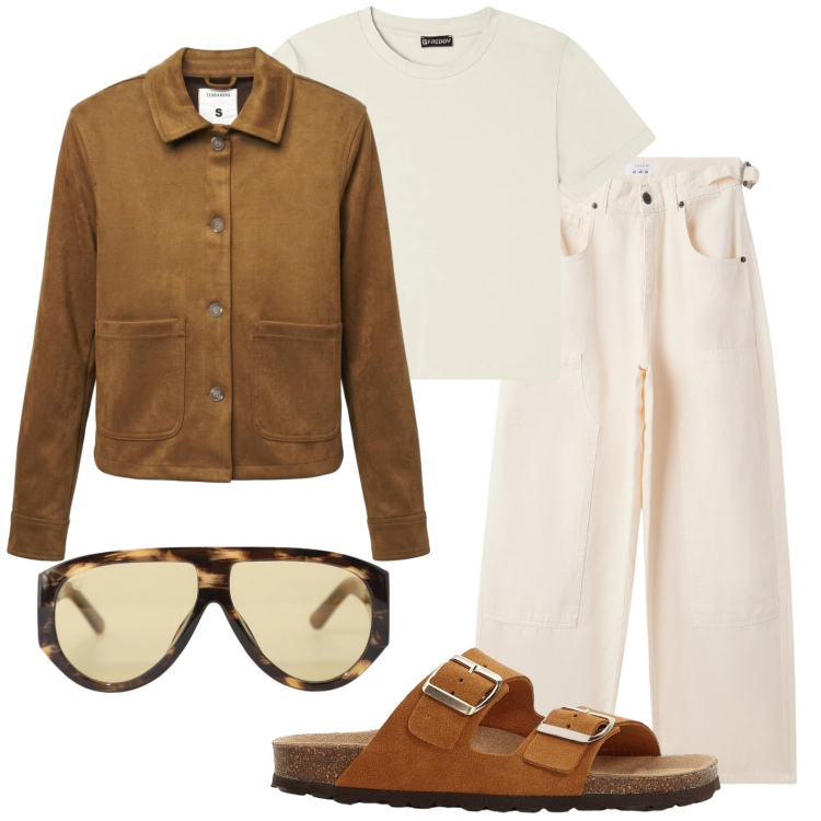 Outfit donna - Aprile al mare. Stile Casual chic per Tutti i giorni. Abbinamento con ciabatte, cappotti, pantaloni, occhiali da sole, t-shirt.