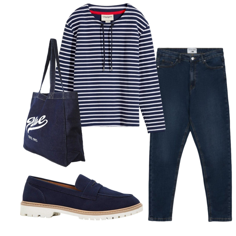 Outfit donna - Total look #2384923. Stile Casual per Tutti i giorni. Abbinamento con mocassini, felpe, jeans skinny, shopping bag.