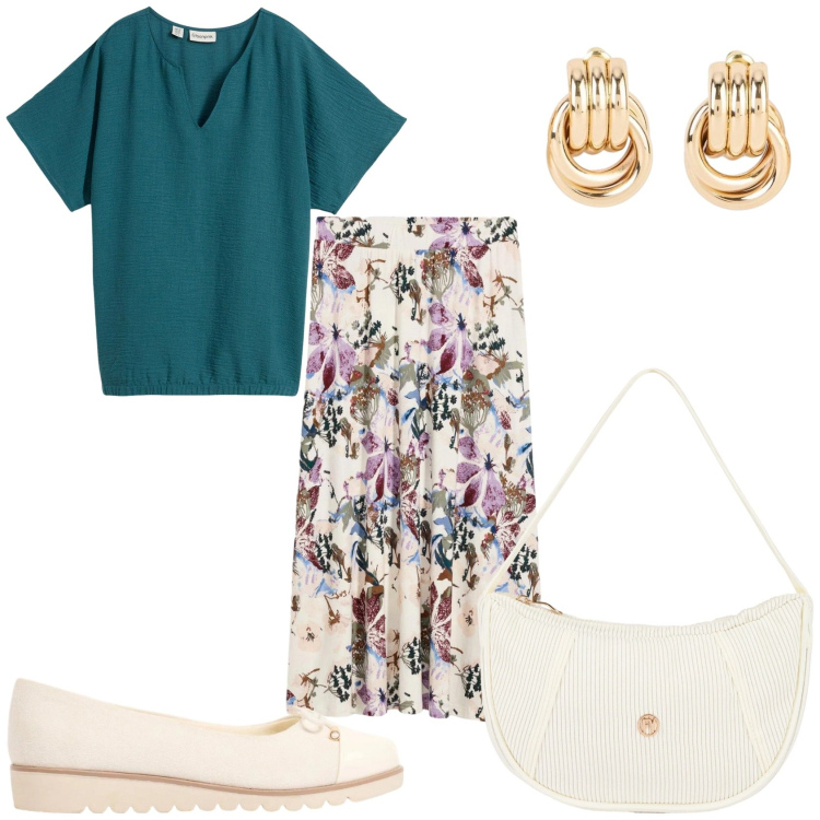 Outfit donna - Maggio mi vesto. Stile Casual chic per Tutti i giorni. Abbinamento con bluse, orecchini, ballerine, gonne, borse a mano.