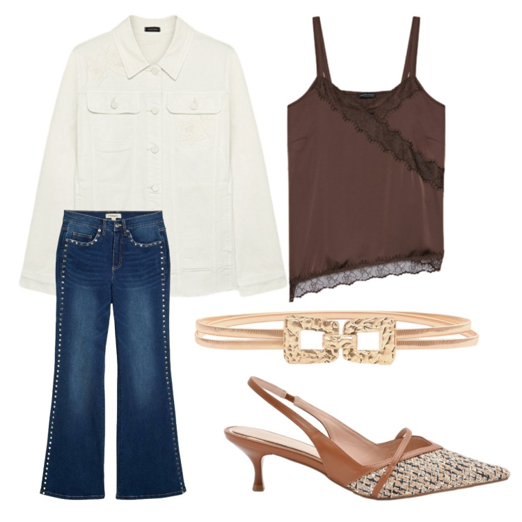 Outfit donna - Primavera raffinata. Stile Casual chic per Serata fuori. Abbinamento con jeans a zampa, cappotti, top, décolleté, cinture.