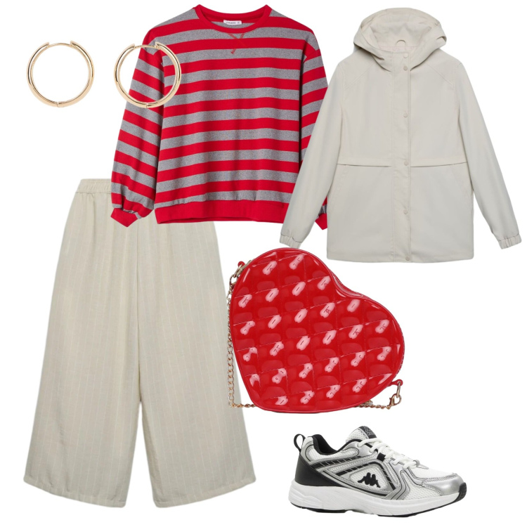 Outfit donna - In campagna. per Tutti i giorni. Abbinamento con orecchini, sneakers, giacche, t-shirt, pantaloni a palazzo, borse a tracolla.