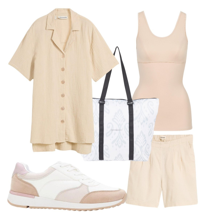 Outfit donna - Primavera comfort. Stile Sporty chic per Tutti i giorni. Abbinamento con top, bermuda, camicie a manica corta, sneakers, shopping bag.