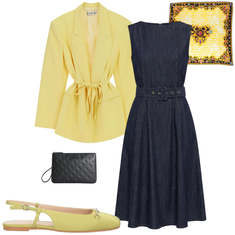 Outfit donna - Eleganza leggera. Stile Casual chic per Tutti i giorni. Abbinamento con ballerine, sciarpe, blazer, vestiti, anelli.