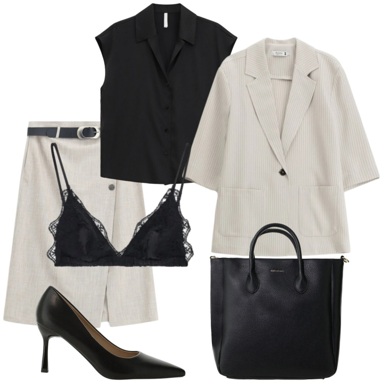 Outfit donna - Total look #2384932. Stile Vintage retrò per Ufficio. Abbinamento con gonne longuette, reggiseni, camicie a manica corta, borse a tracolla, décolleté, blazer.