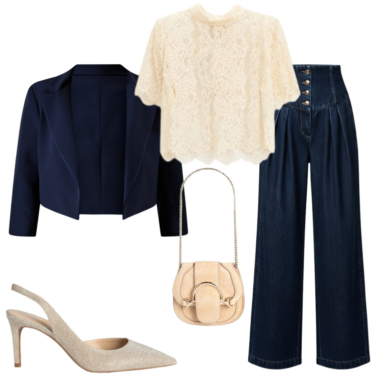 Outfit donna - Eleganza leggera. Stile Casual chic per Serata fuori. Abbinamento con marsupi, décolleté, top, jeans, bolero.