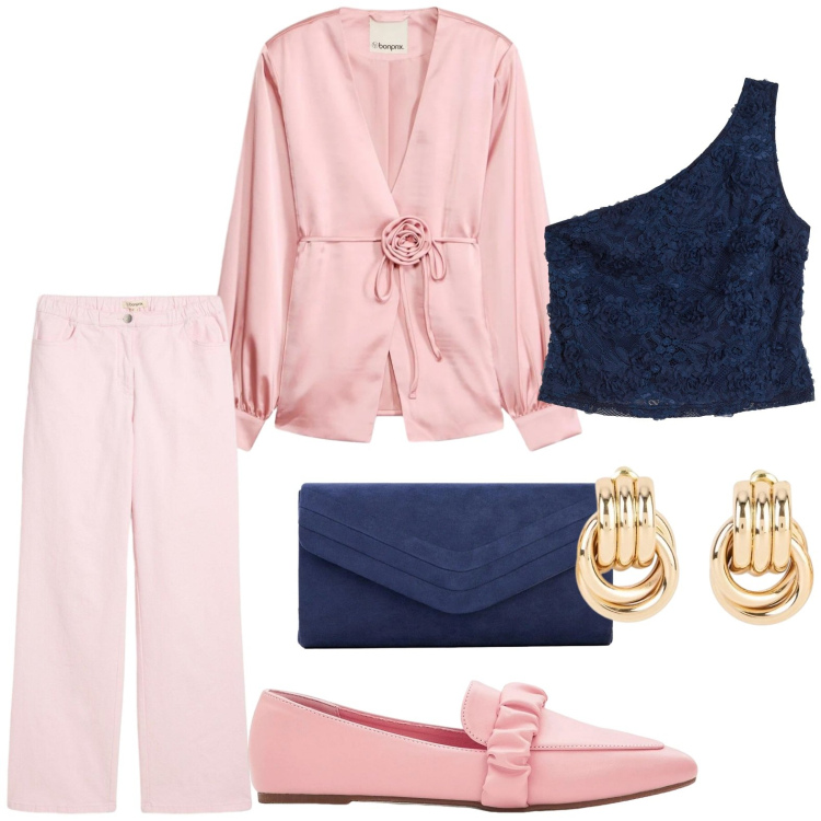 Outfit donna - bonprix - Cool Spring. Stile Minimal per Tutti i giorni. Abbinamento con top, orecchini, blazer, mocassini, pantaloni a palazzo, clutch.