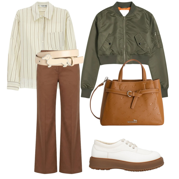 Outfit donna - A lavoro. per Scuola/Università. Abbinamento con scarpe stringate, camicie, borse a mano, cinture, pantaloni, bomber.