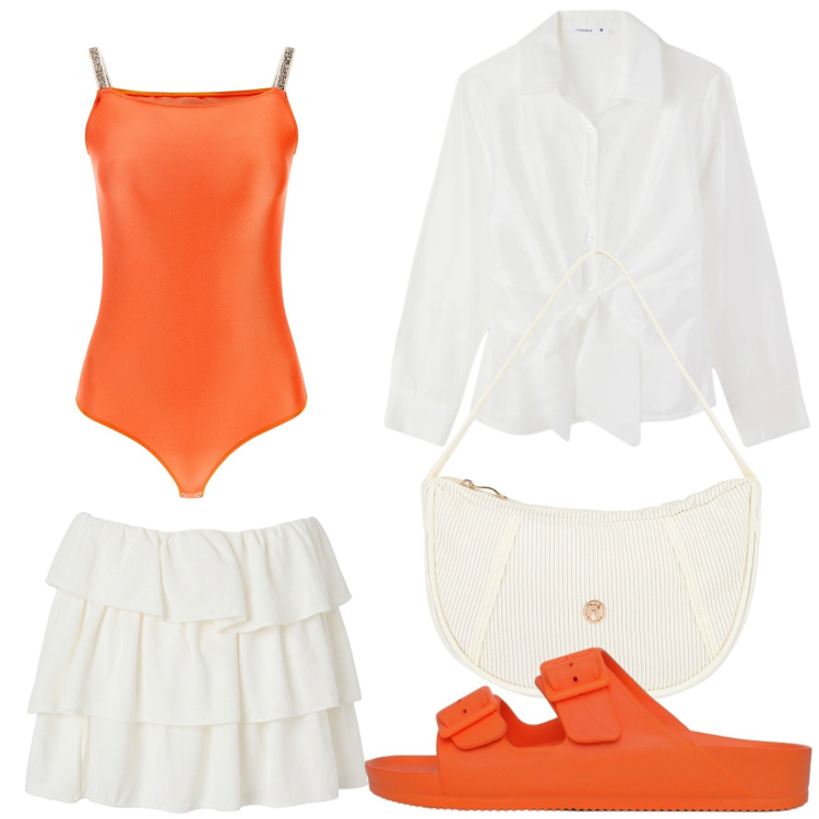 Outfit donna - Touch arancio. Stile Minimal per Tutti i giorni. Abbinamento con camicie, ciabatte, minigonne, top, borse a mano.