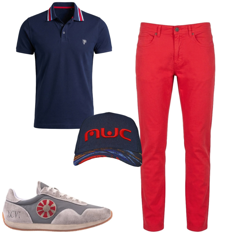 Outfit uomo - Aprile. Stile Urban per Tutti i giorni. Abbinamento con cappelli con visiera, pantaloni, polo, sneakers.