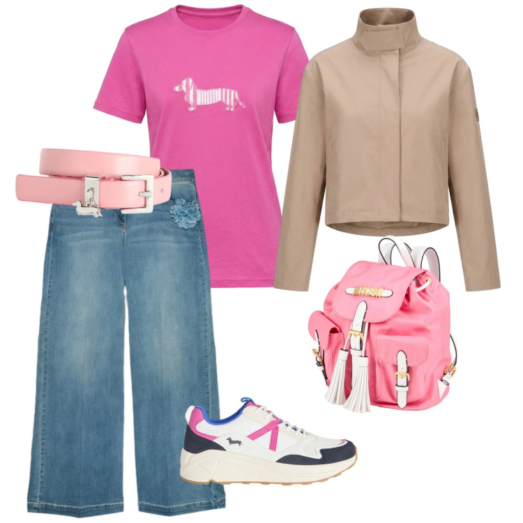 Outfit donna - Un po\' di rosa. per Tutti i giorni. Abbinamento con zaini, jeans, sneakers, cinture, t-shirt, blazer.