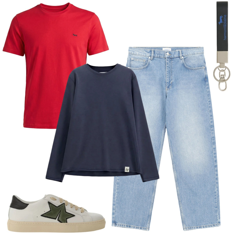 Outfit uomo - Aprile. Stile Casual per Tutti i giorni. Abbinamento con jeans, sneakers, felpe, portachiavi, t-shirt.