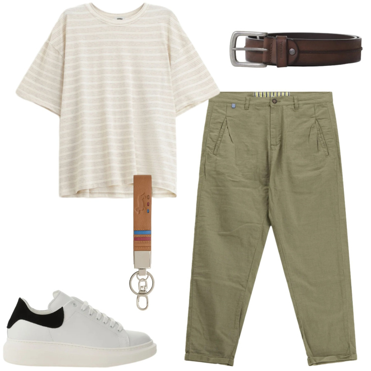 Outfit uomo - City. Stile Casual per Tutti i giorni. Abbinamento con portachiavi, pantaloni, t-shirt, sneakers, cinture.