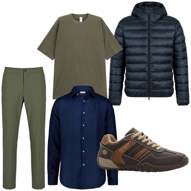 Outfit uomo - Weekend di primavera. Stile Trendy per Tutti i giorni. Abbinamento con sneakers, t-shirt, pantaloni, piumini, camicie.