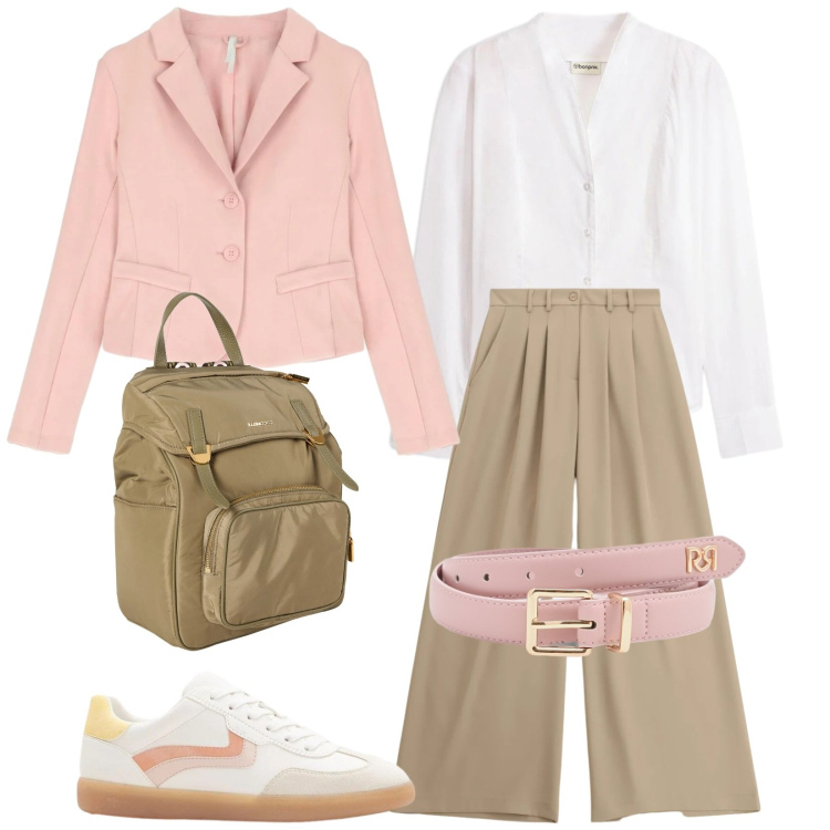 Outfit donna - Primavera Sporty chic. Stile Sporty chic per Tutti i giorni. Abbinamento con zaini, camicie, sneakers, blazer, cinture, pantaloni a palazzo.