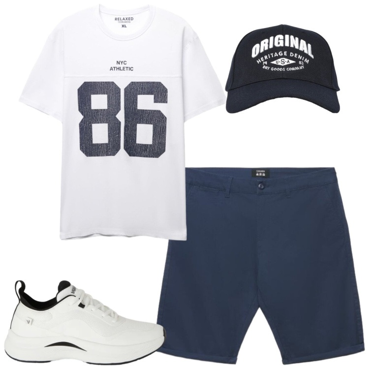 Outfit uomo - Aprile. Stile Casual per Tutti i giorni. Abbinamento con cappelli con visiera, t-shirt sportive, pantaloni corti, sneakers.