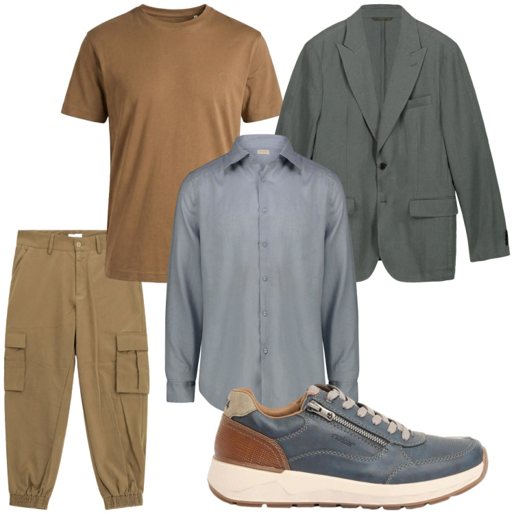 Outfit uomo - Toni naturali. Stile Casual per Tutti i giorni. Abbinamento con sneakers, pantaloni cargo, t-shirt, giacche, camicie.