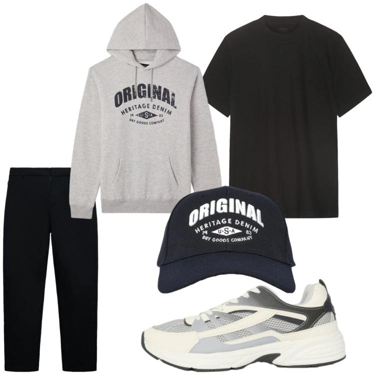 Outfit uomo - Sportivo. Stile Casual per Tutti i giorni. Abbinamento con pantaloni chino, sneakers, cappelli con visiera, felpe con cappuccio, t-shirt.