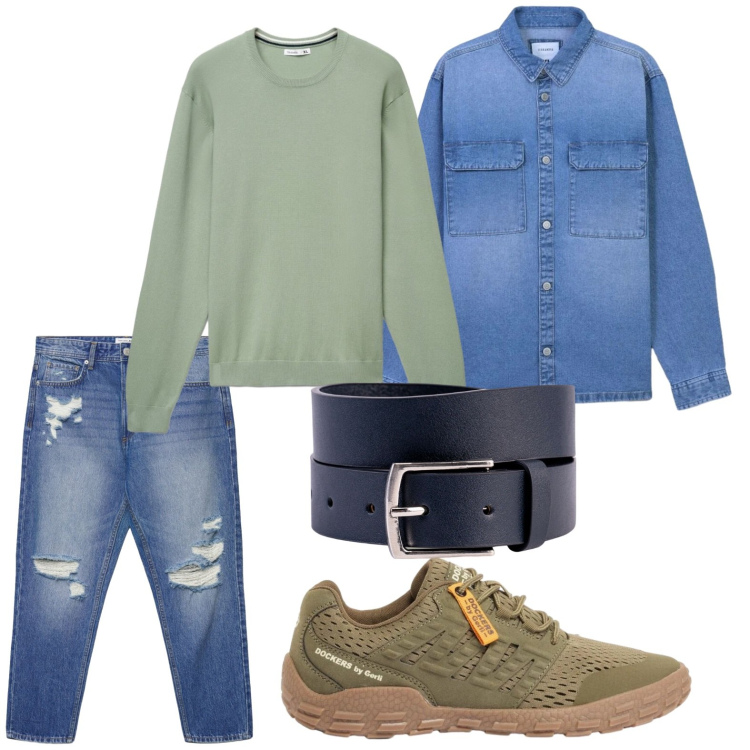 Outfit uomo - Weekend al mare. Stile Casual per Tutti i giorni. Abbinamento con sneakers, maglieria, jeans strappati, cappotti, cinture.