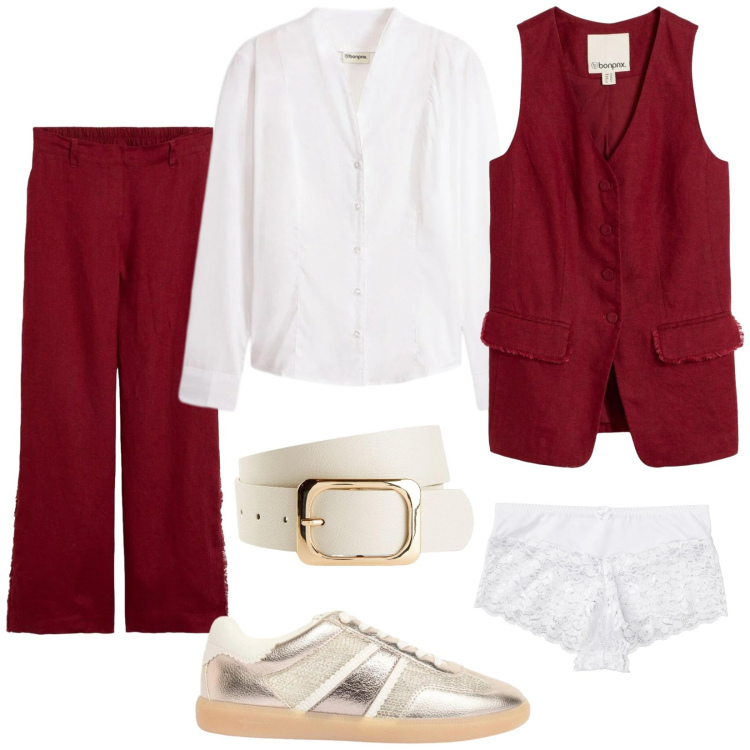 Outfit donna - Bonprix primavera cool. Stile Casual chic per Tutti i giorni. Abbinamento con culotte, camicie, cinture, sneakers, gilet, pantaloni.