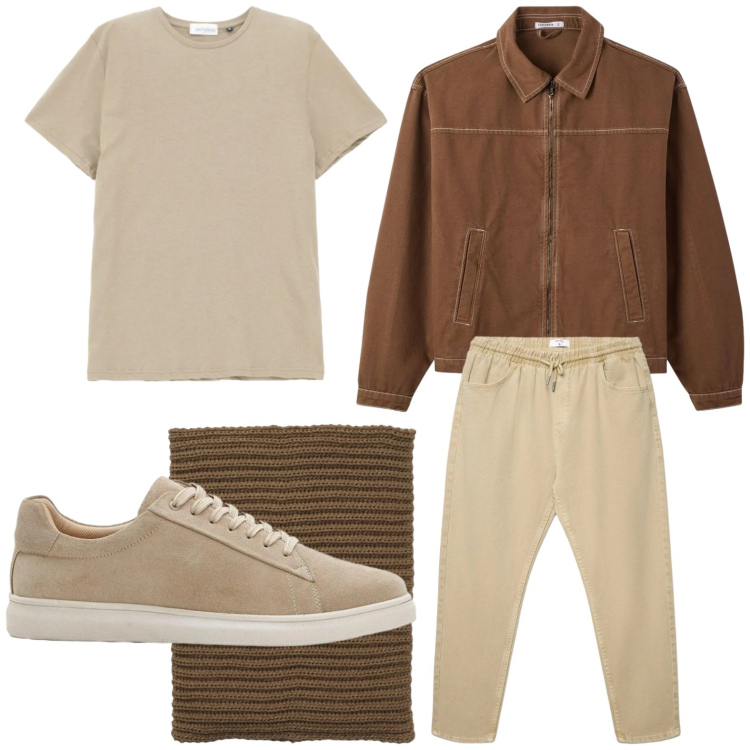 Outfit uomo - Toni caldi. Stile Casual per Tutti i giorni. Abbinamento con sneakers, pantaloni, scaldacollo, cappotti, t-shirt.