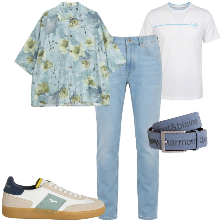 Outfit uomo - Aperitivo. Stile Trendy per Serata speciale. Abbinamento con camicie a manica corta, cinture, jeans, t-shirt, sneakers.