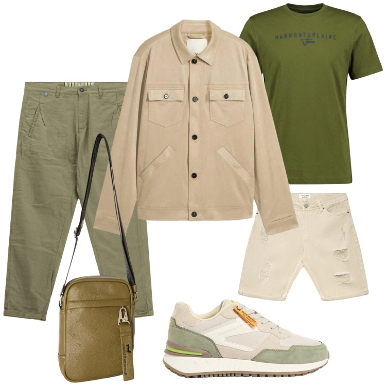 Outfit uomo - Beige e verde. Stile Trendy per Tutti i giorni. Abbinamento con cappotti, sneakers, bermuda, pantaloni, borse sportive, t-shirt.