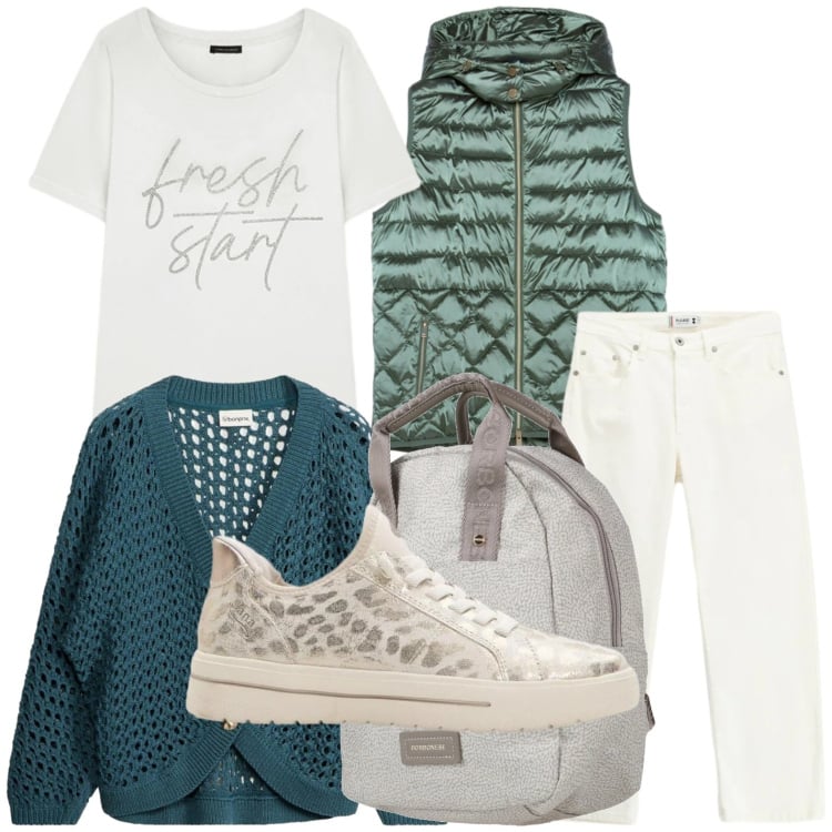 Outfit donna - Un weekend fuori città. Stile Minimal per Tutti i giorni. Abbinamento con zaini, cardigans, sneakers, piumini, t-shirt, pantaloni.