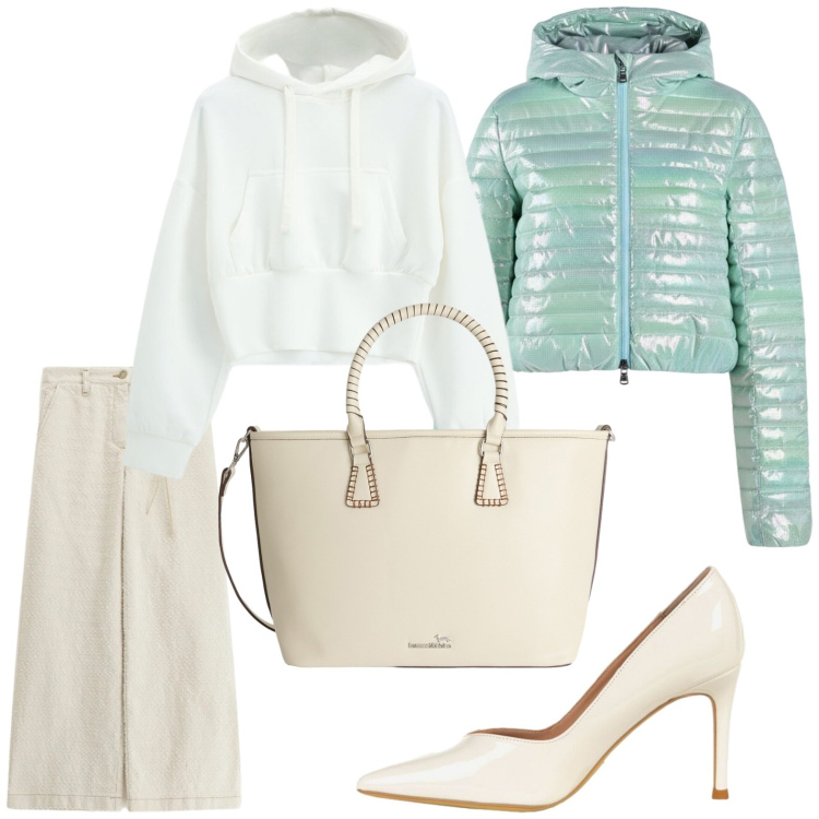 Outfit donna - Sporty-chic in chiave primaverile. Stile Sporty chic per Tutti i giorni. Abbinamento con pantaloni a palazzo, shopping bag, felpe con cappuccio, décolleté, piumini.